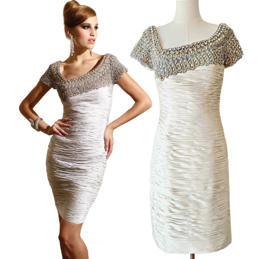 NEW TERANI COUTURE C1042 Cocktail Dress Size 8 Light Silver Beaded Ruched $658 - Picture 15 of 15